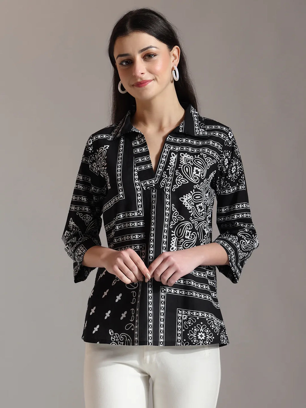 Yufta Black Pure Cotton Boho Printed Top | Grocsy