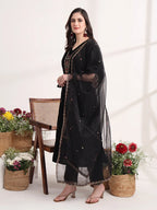 Yufta Black Straight Embroidery Kurta And Trouser With Dupatta Set | Grocsy