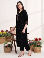 Yufta Black Straight Embroidery Kurta And Trouser With Dupatta Set | Grocsy