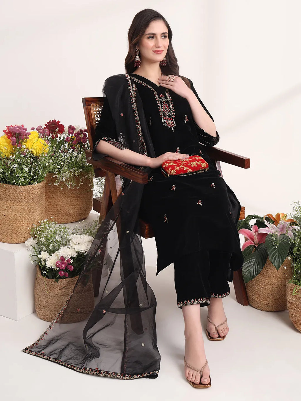 Yufta Black Straight Embroidery Kurta And Trouser With Dupatta Set | Grocsy