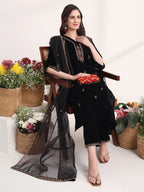 Yufta Black Straight Embroidery Kurta And Trouser With Dupatta Set | Grocsy
