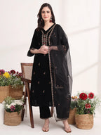 Yufta Black Straight Embroidery Kurta And Trouser With Dupatta Set | Grocsy
