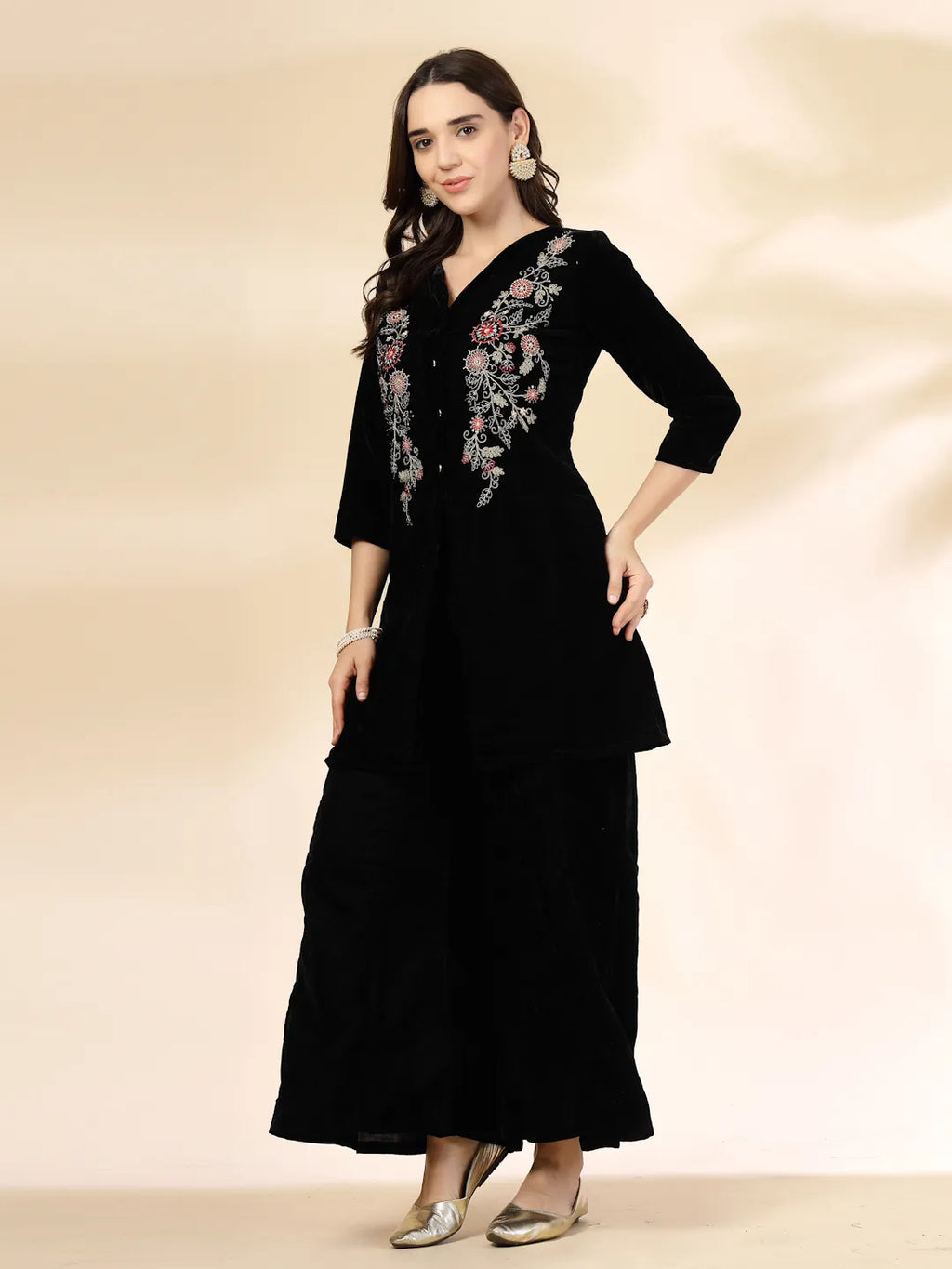 Yufta Black Velvet Zari Work CoOrd Set | Grocsy