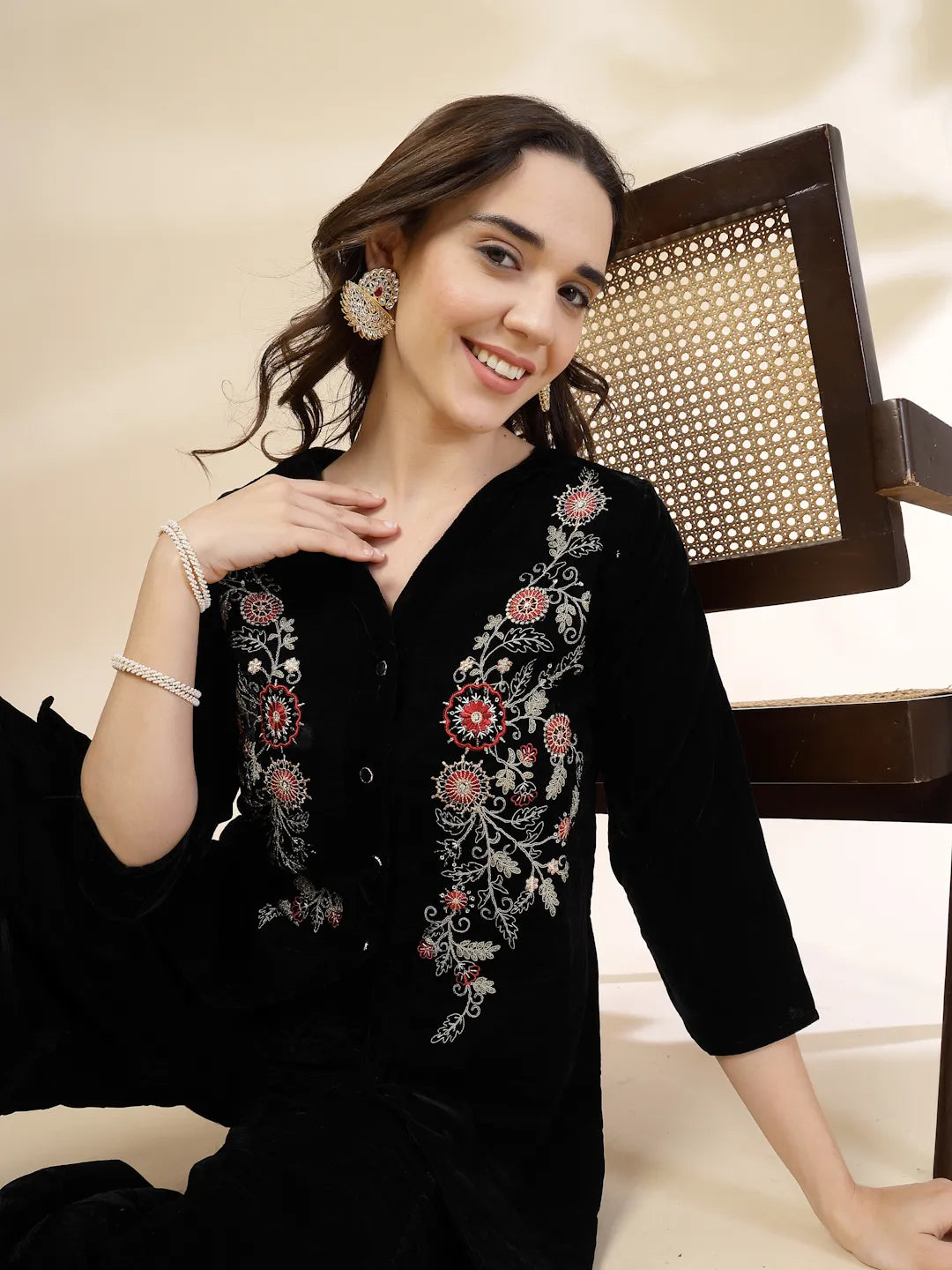 Yufta Black Velvet Zari Work CoOrd Set | Grocsy