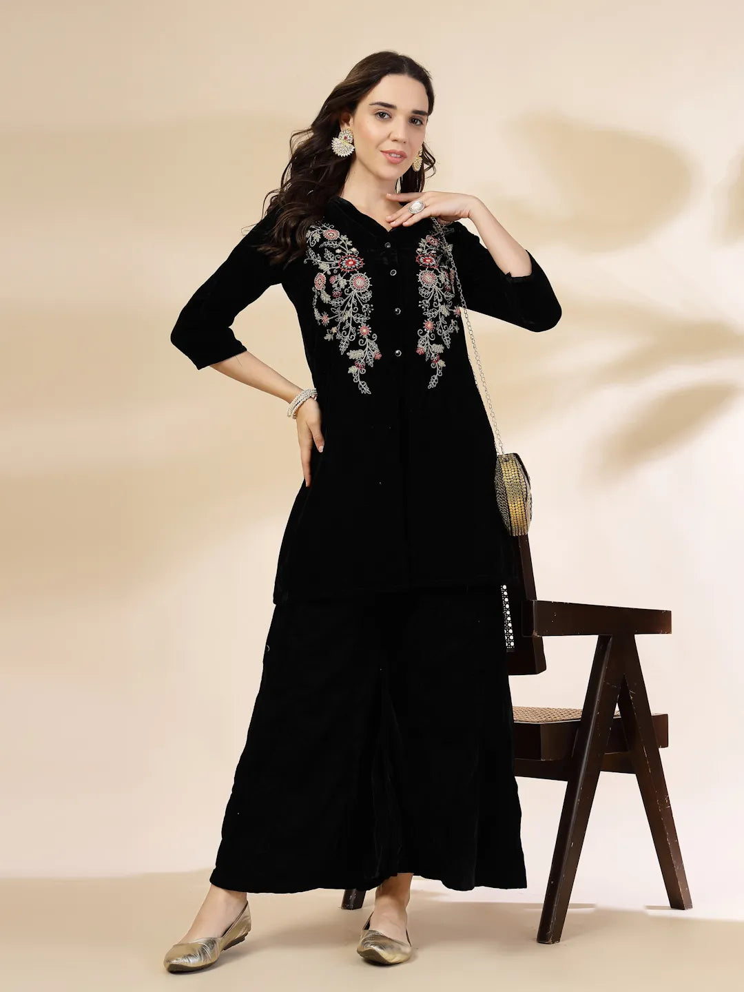 Yufta Black Velvet Zari Work CoOrd Set | Grocsy