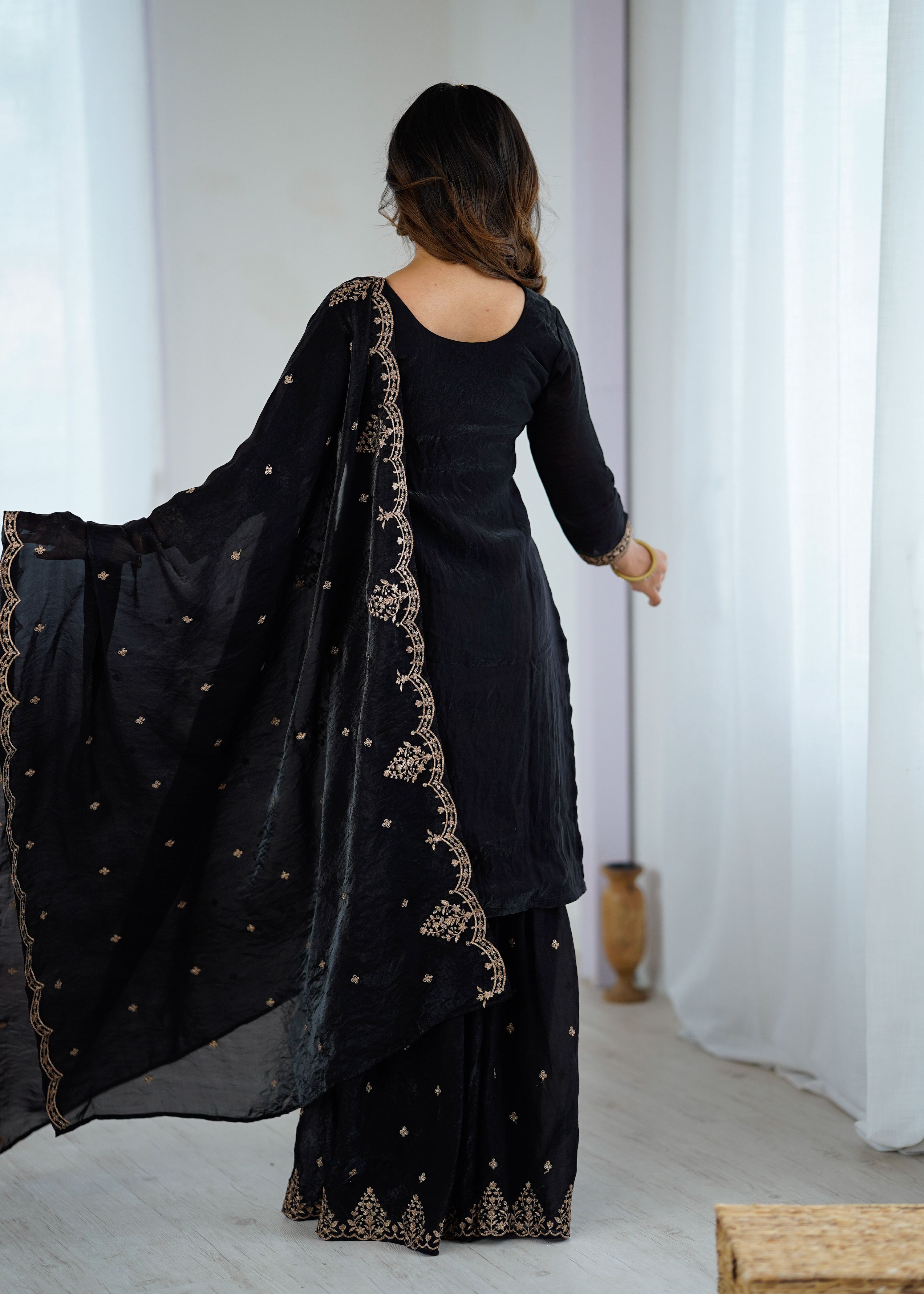 Evanik Black Pure Crunchy Silk With Sequence Embroidered Work Sharara Set | Grocsy