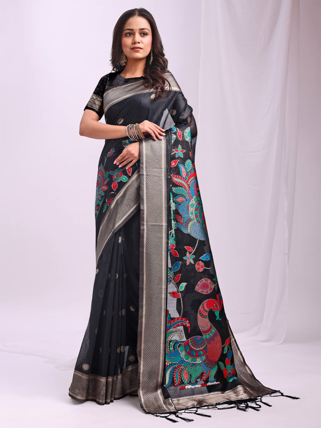 Anaita Black Linen Cotton Woven Saree With Blouse | Grocsy