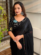 Evanik Soft Fandy Chiffon Beads Embroidered Work Party Wear Saree With Blouse | Grocsy