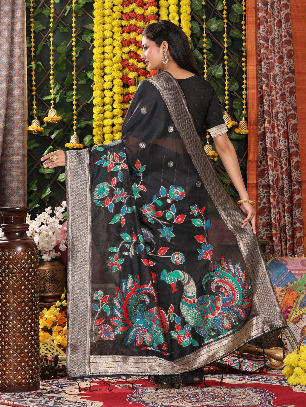 Anaita Black Linen Cotton Woven Saree With Blouse | Grocsy