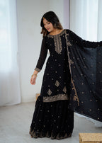 Evanik Black Pure Crunchy Silk With Sequence Embroidered Work Sharara Set | Grocsy