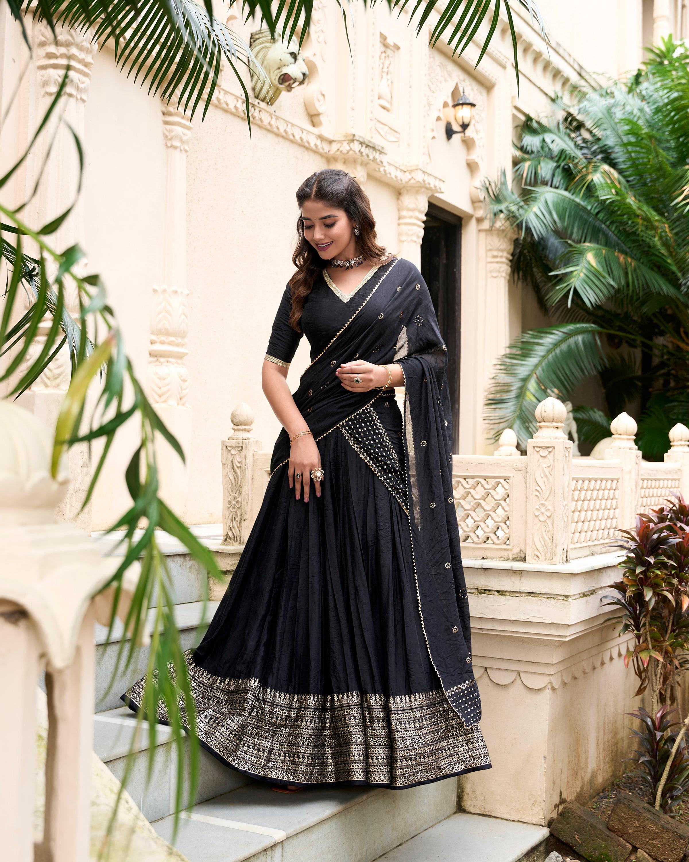 Evanik Women Pure Chanderi Plain With Zari Weaving Work Border Stitched Lehenga With Unstitched Blouse Dupatta(Up to 42) | Grocsy
