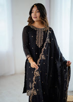 Evanik Black Pure Crunchy Silk With Sequence Embroidered Work Sharara Set | Grocsy