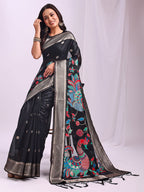 Anaita Black Linen Cotton Woven Saree With Blouse | Grocsy