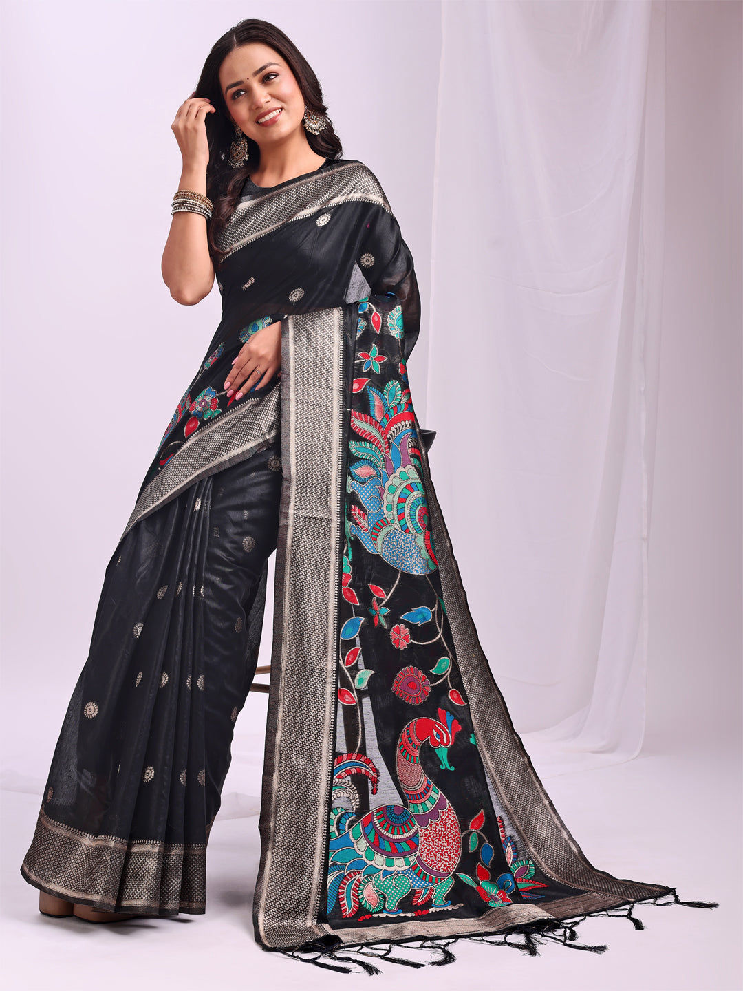 Anaita Black Linen Cotton Woven Saree With Blouse | Grocsy