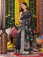 Anaita Black Linen Cotton Woven Saree With Blouse | Grocsy