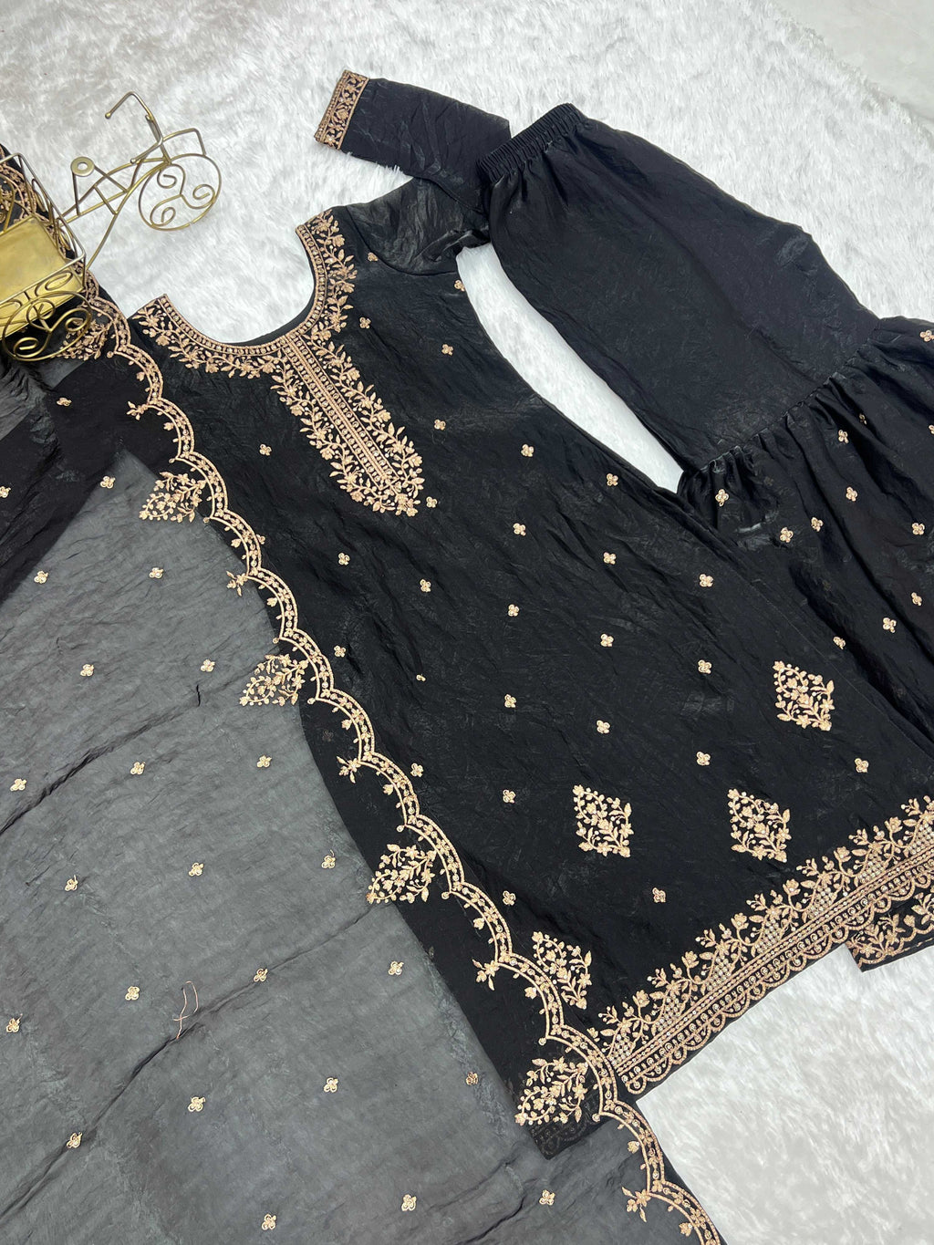 Evanik Black Pure Crunchy Silk With Sequence Embroidered Work Sharara Set | Grocsy