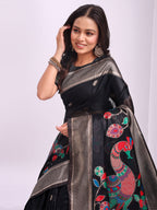 Anaita Black Linen Cotton Woven Saree With Blouse | Grocsy