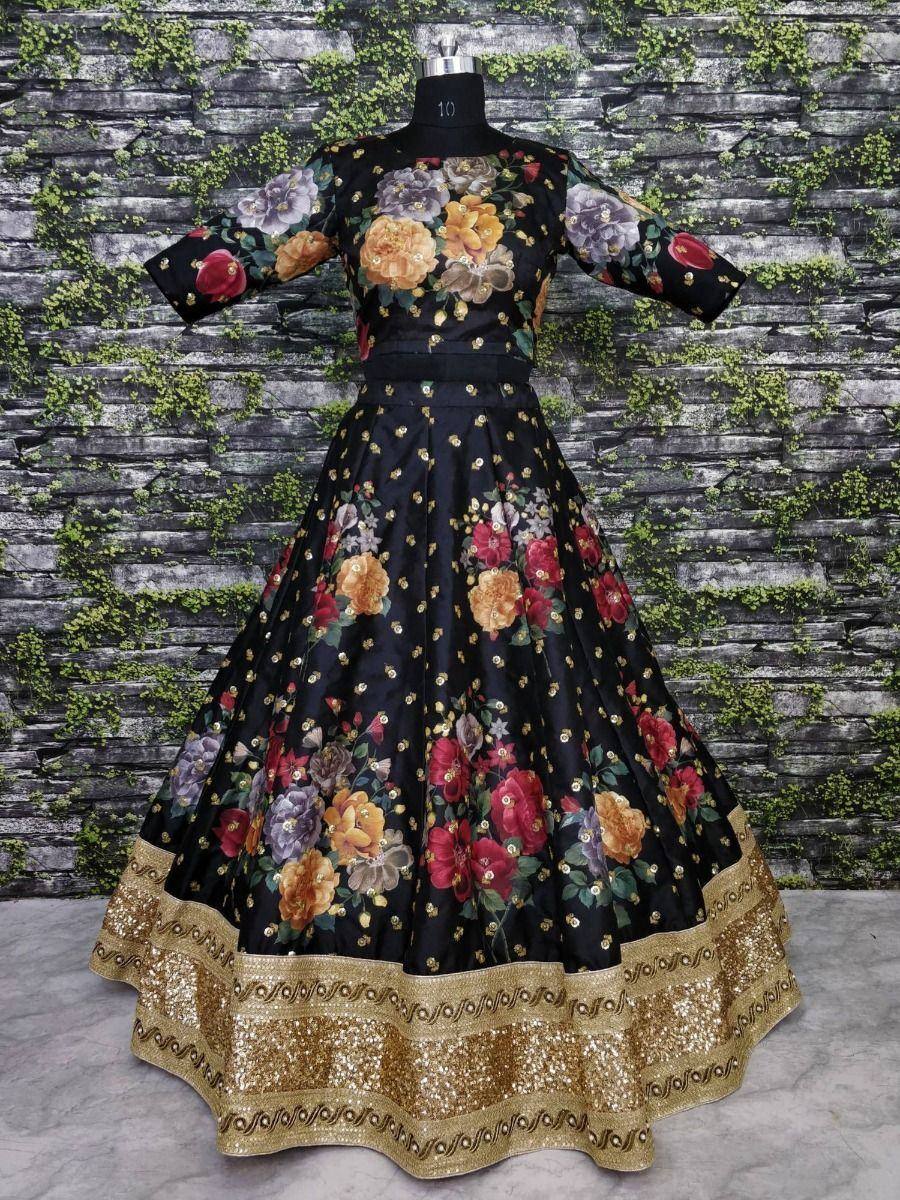 Tulsi Art Black Floral Digital Printed Art Silk Bridal Lehenga Choli | Grocsy