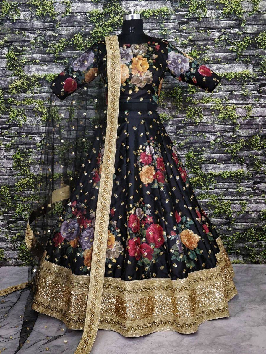 Tulsi Art Black Floral Digital Printed Art Silk Bridal Lehenga Choli | Grocsy