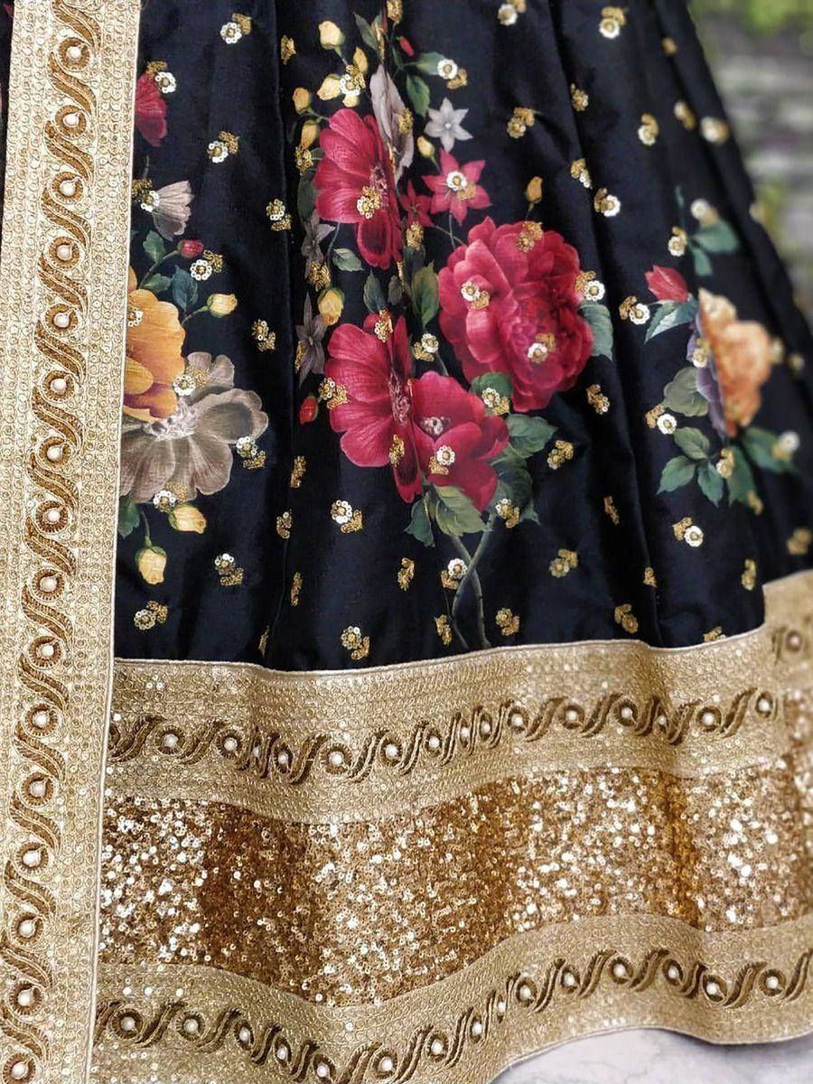 Tulsi Art Black Floral Digital Printed Art Silk Bridal Lehenga Choli | Grocsy
