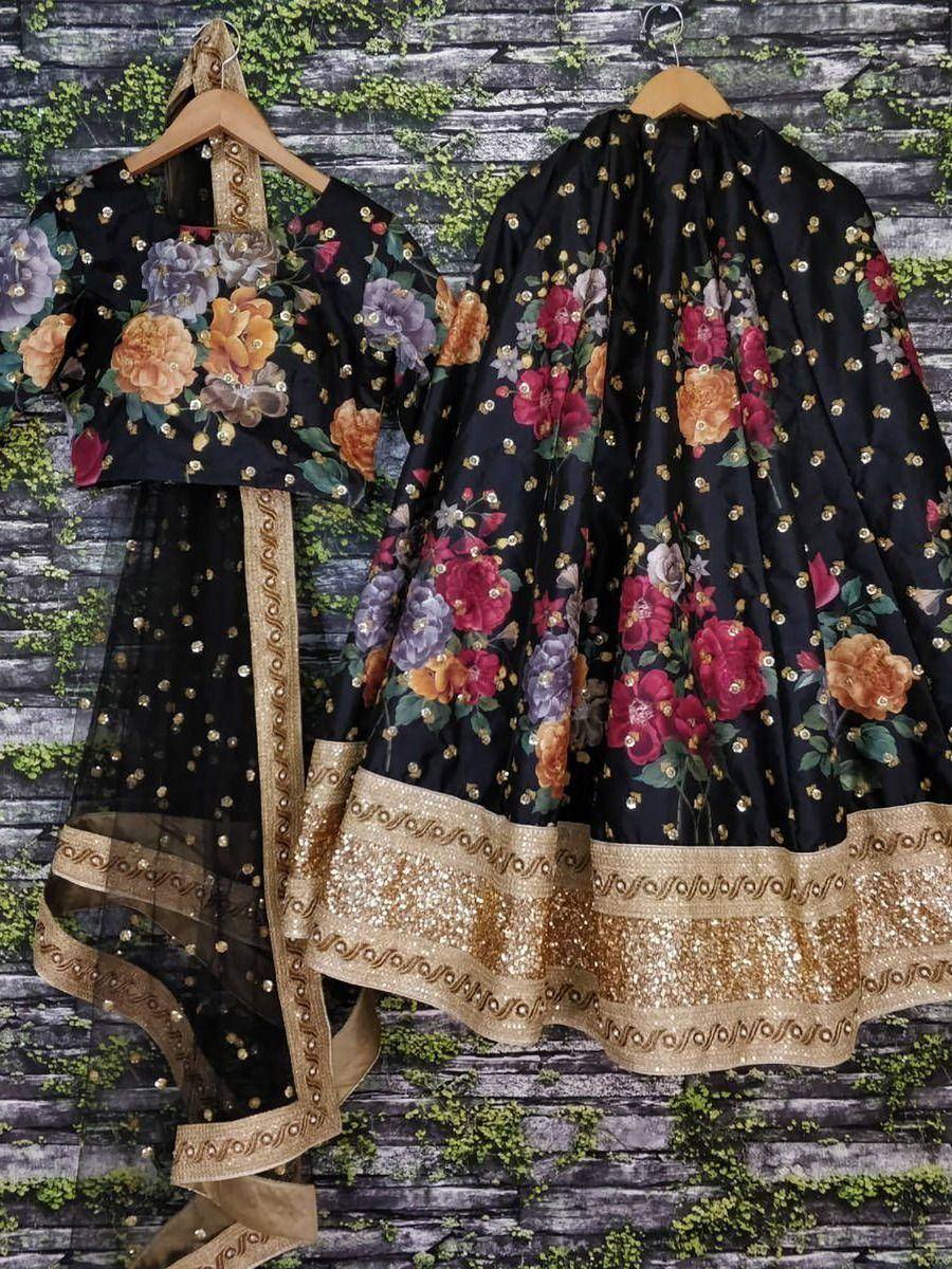 Tulsi Art Black Floral Digital Printed Art Silk Bridal Lehenga Choli | Grocsy