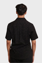 Xkind Black Golden Foil Stripes Slim Fit Shirt | Grocsy