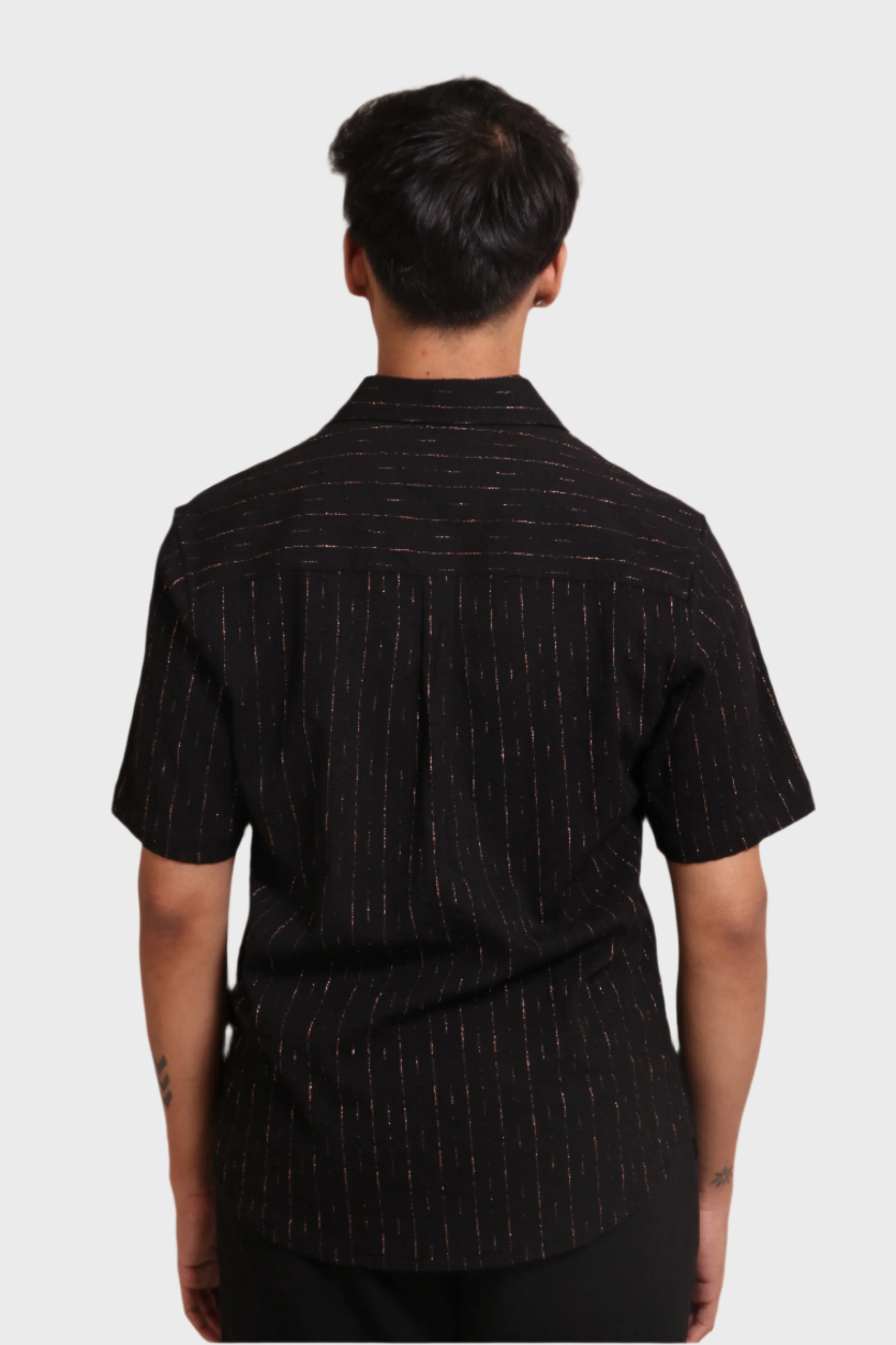 Xkind Black Golden Foil Stripes Slim Fit Shirt | Grocsy