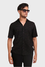 Xkind Black Golden Foil Stripes Slim Fit Shirt | Grocsy