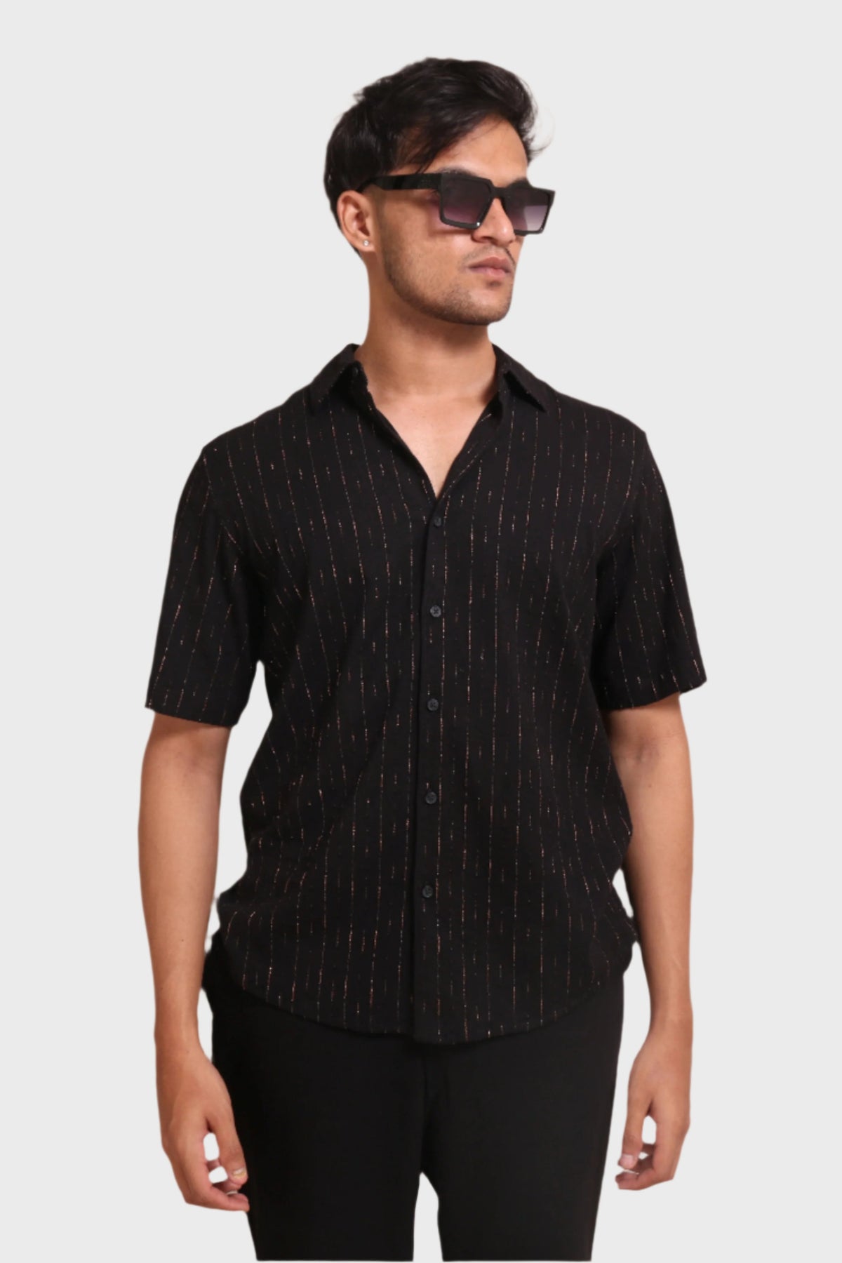 Xkind Black Golden Foil Stripes Slim Fit Shirt | Grocsy