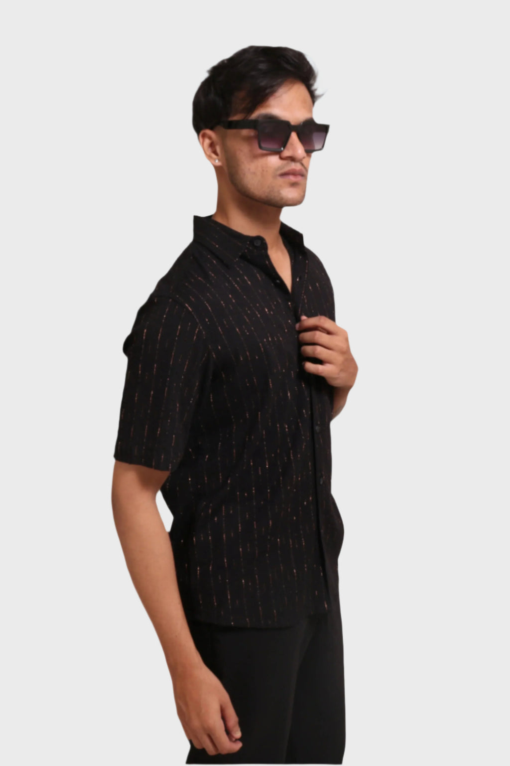 Xkind Black Golden Foil Stripes Slim Fit Shirt | Grocsy