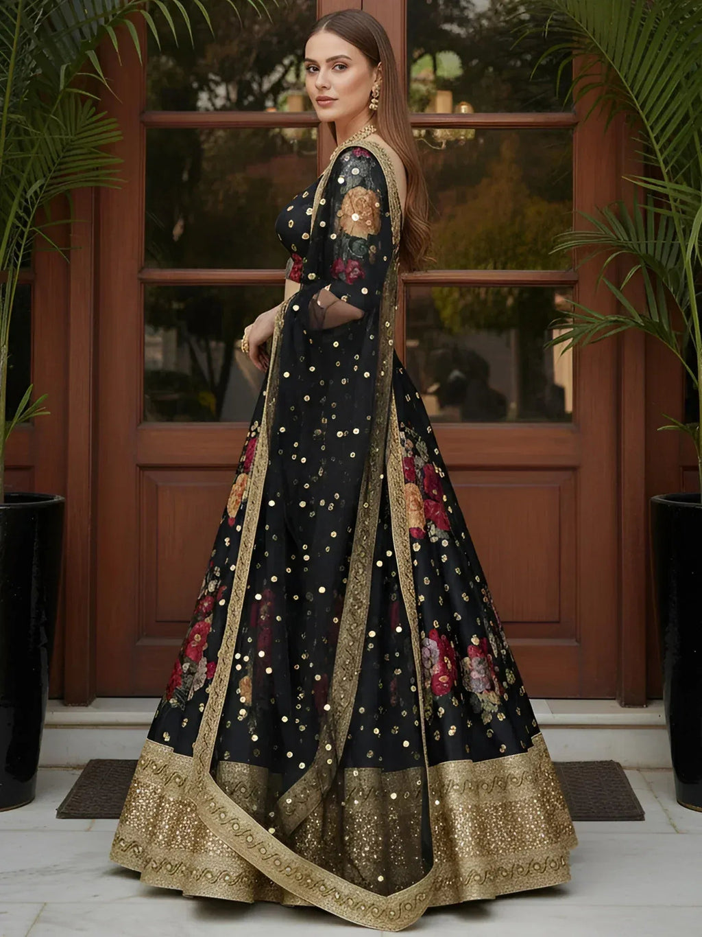 Tulsi Art Lovable Black Floral Printed Silk Reception Wear Lehenga Choli With Dupatta | Grocsy