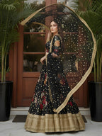 Tulsi Art Lovable Black Floral Printed Silk Reception Wear Lehenga Choli With Dupatta | Grocsy