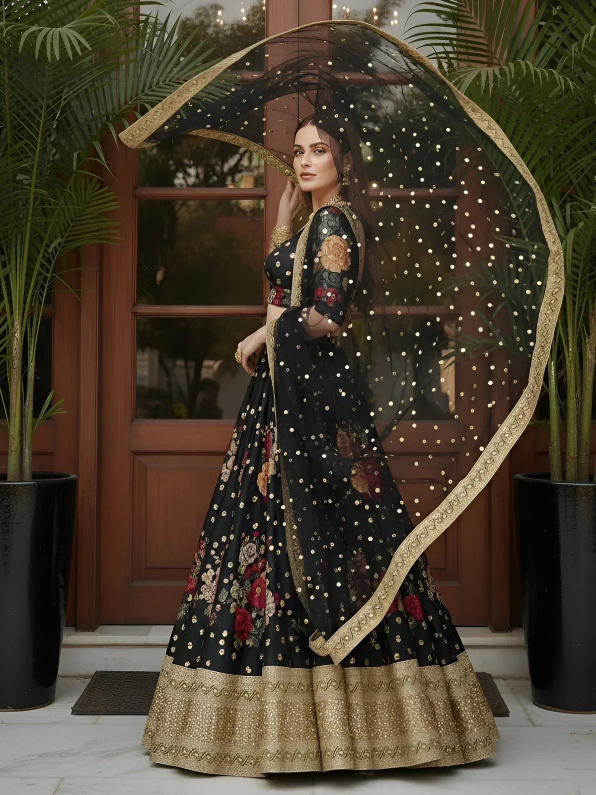 Tulsi Art Lovable Black Floral Printed Silk Reception Wear Lehenga Choli With Dupatta | Grocsy