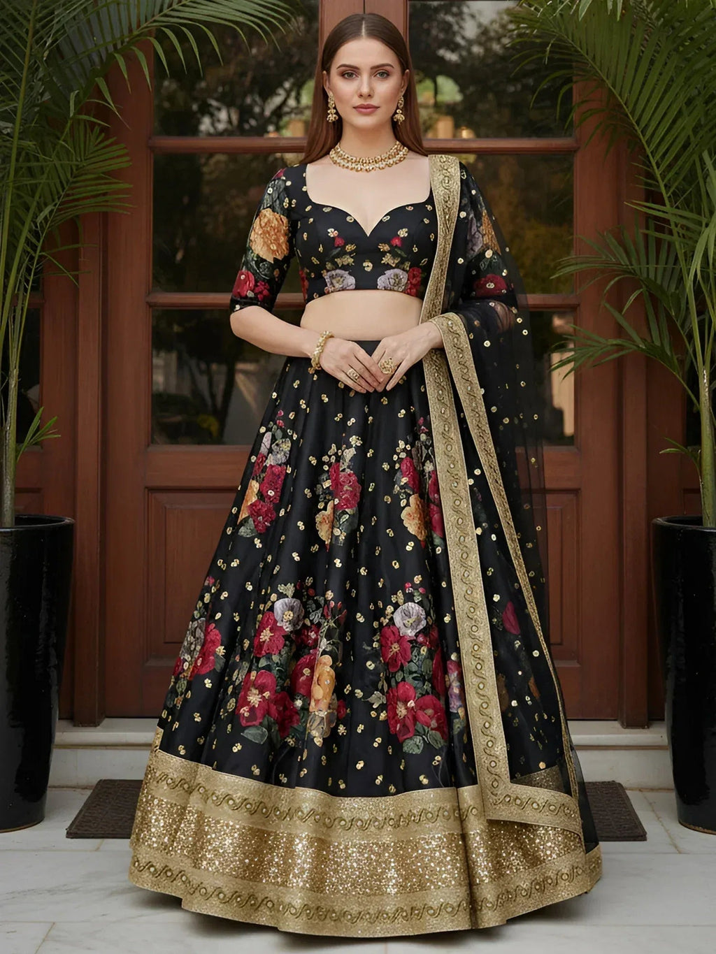 Tulsi Art Lovable Black Floral Printed Silk Reception Wear Lehenga Choli With Dupatta | Grocsy
