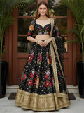 Tulsi Art Lovable Black Floral Printed Silk Reception Wear Lehenga Choli With Dupatta | Grocsy