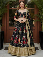 Tulsi Art Lovable Black Floral Printed Silk Reception Wear Lehenga Choli With Dupatta | Grocsy