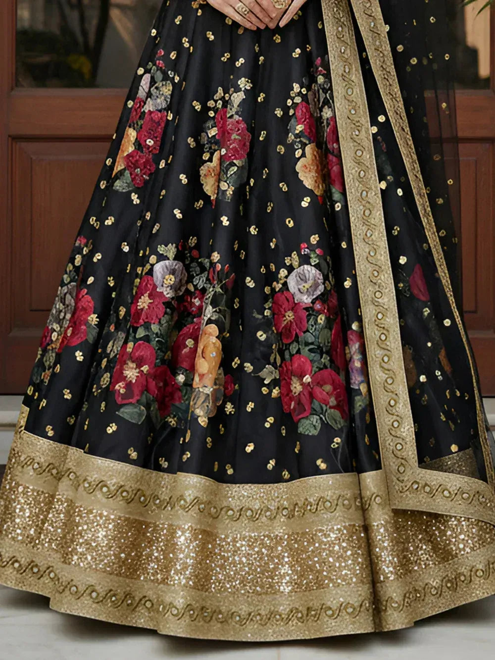 Tulsi Art Lovable Black Floral Printed Silk Reception Wear Lehenga Choli With Dupatta | Grocsy