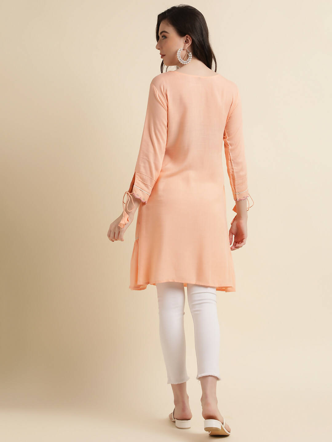 Peach Poly Cotton Yoke Embroidered A-line Top - Tarini | Grocsy