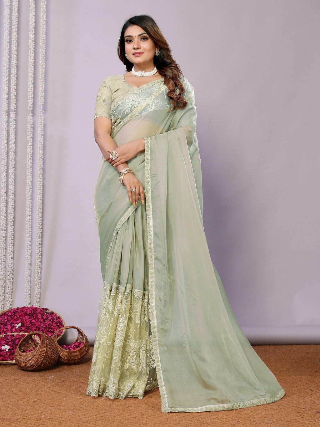 Green Glass Tissue,Net Embroidered Saree With Stitched Blouse - Nimaya Kaksha | Grocsy