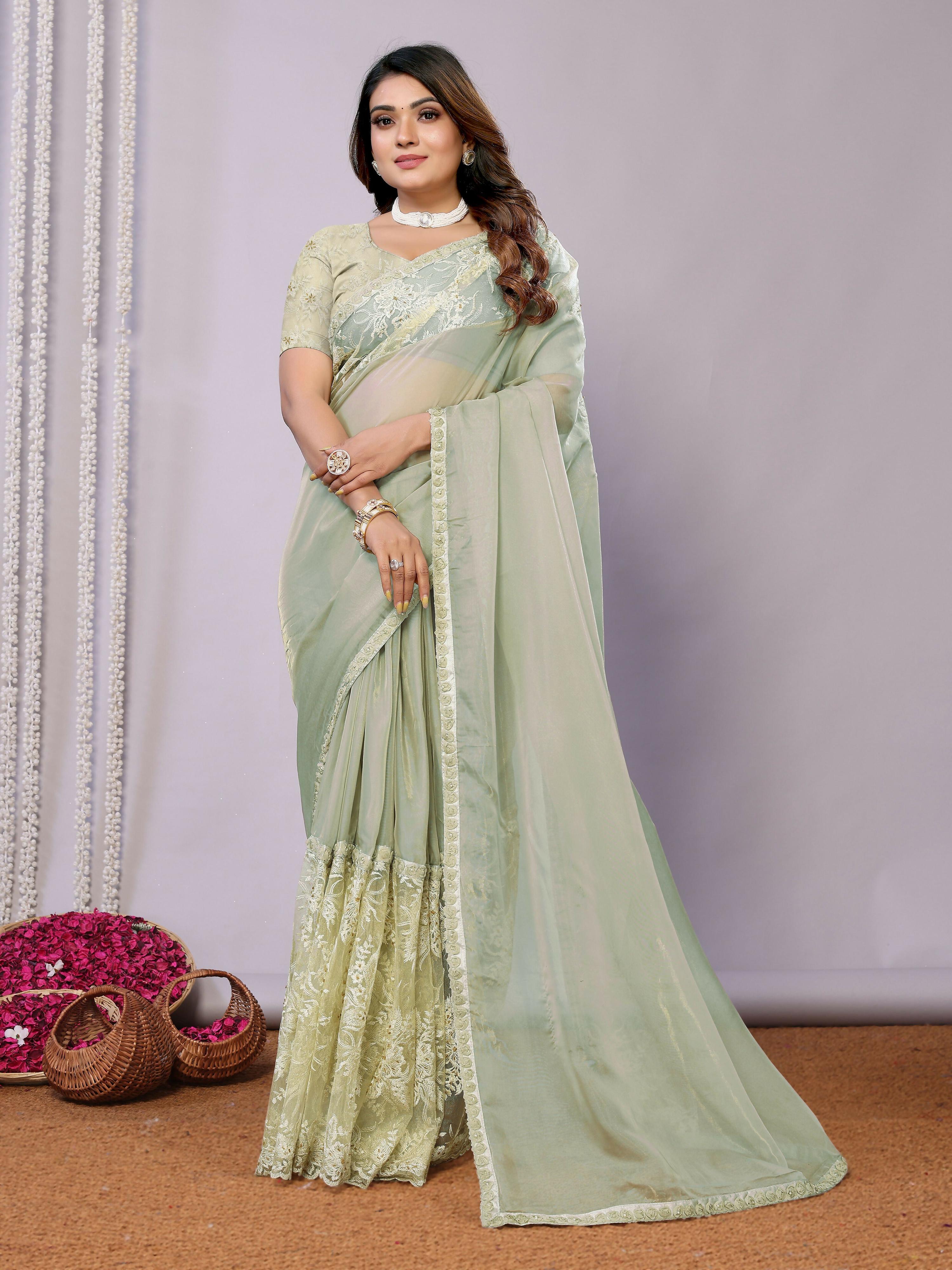 Green Glass Tissue,Net Embroidered Saree With Stitched Blouse - Nimaya Kaksha | Grocsy