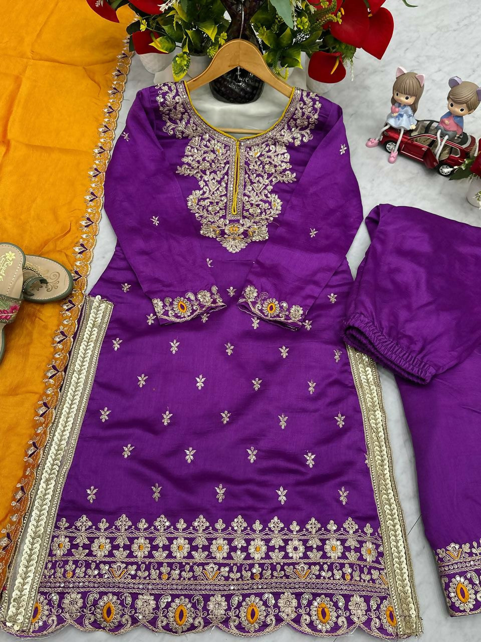 Teeya Creation Womens New Wedding Wear Heavy Embroidery Thread Work Purple Kurta Set | Grocsy