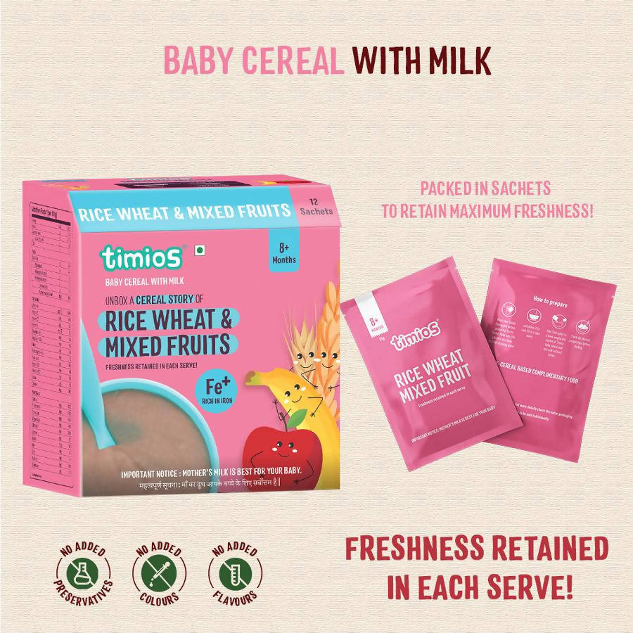 Timios Organic Rice Wheat Mixed Fruit Baby Cereal | Grocsy