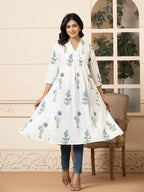Yufta Blue & White Cotton Floral Print Aline Kurta | Grocsy