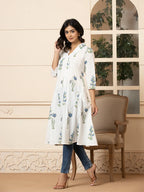 Yufta Blue & White Cotton Floral Print Aline Kurta | Grocsy