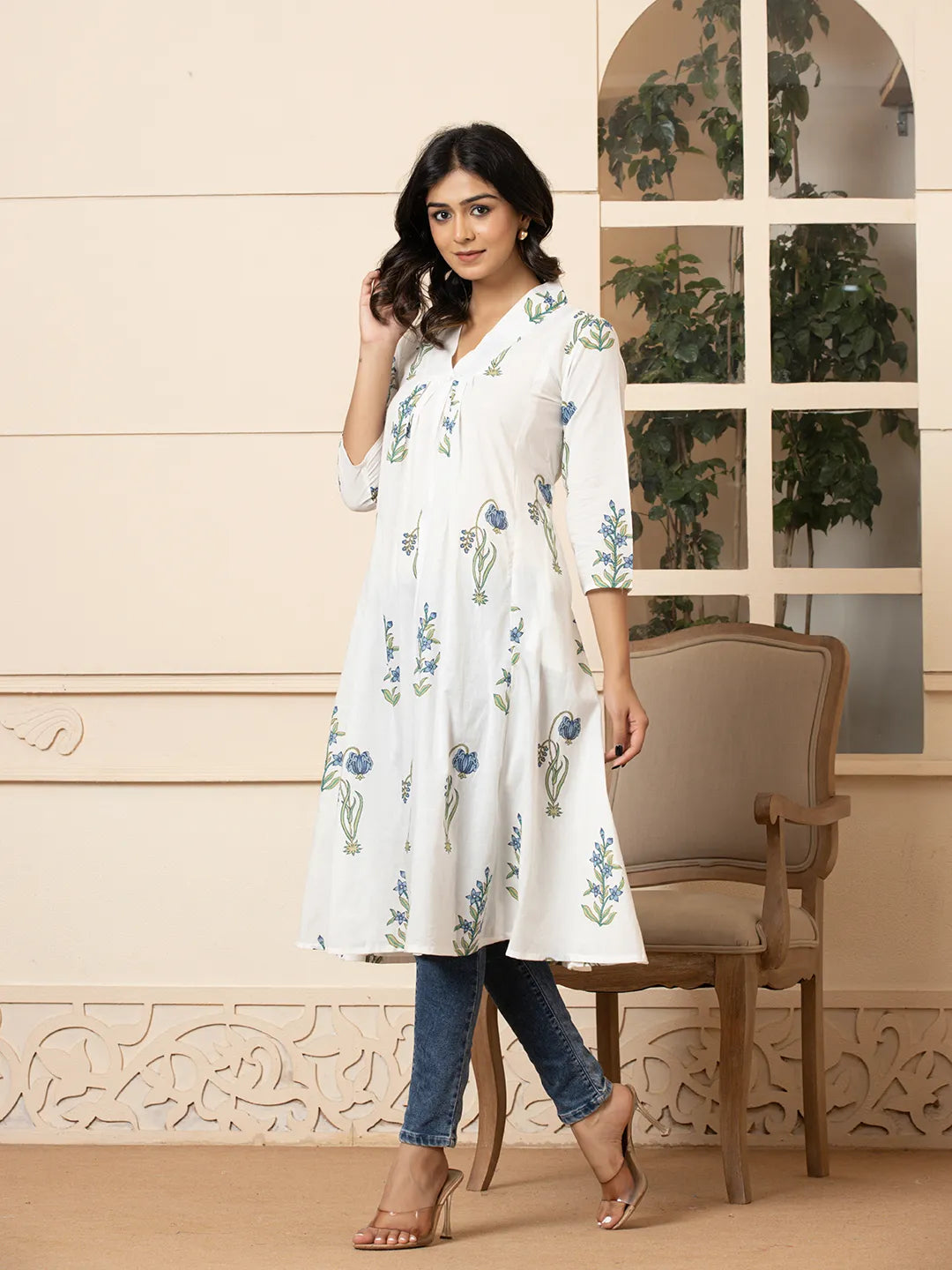 Yufta Blue & White Cotton Floral Print Aline Kurta | Grocsy