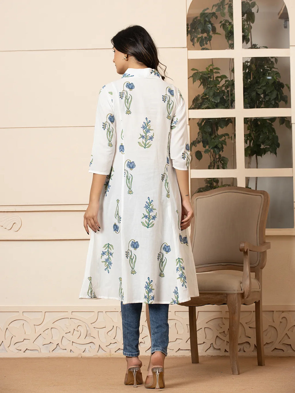 Yufta Blue & White Cotton Floral Print Aline Kurta | Grocsy