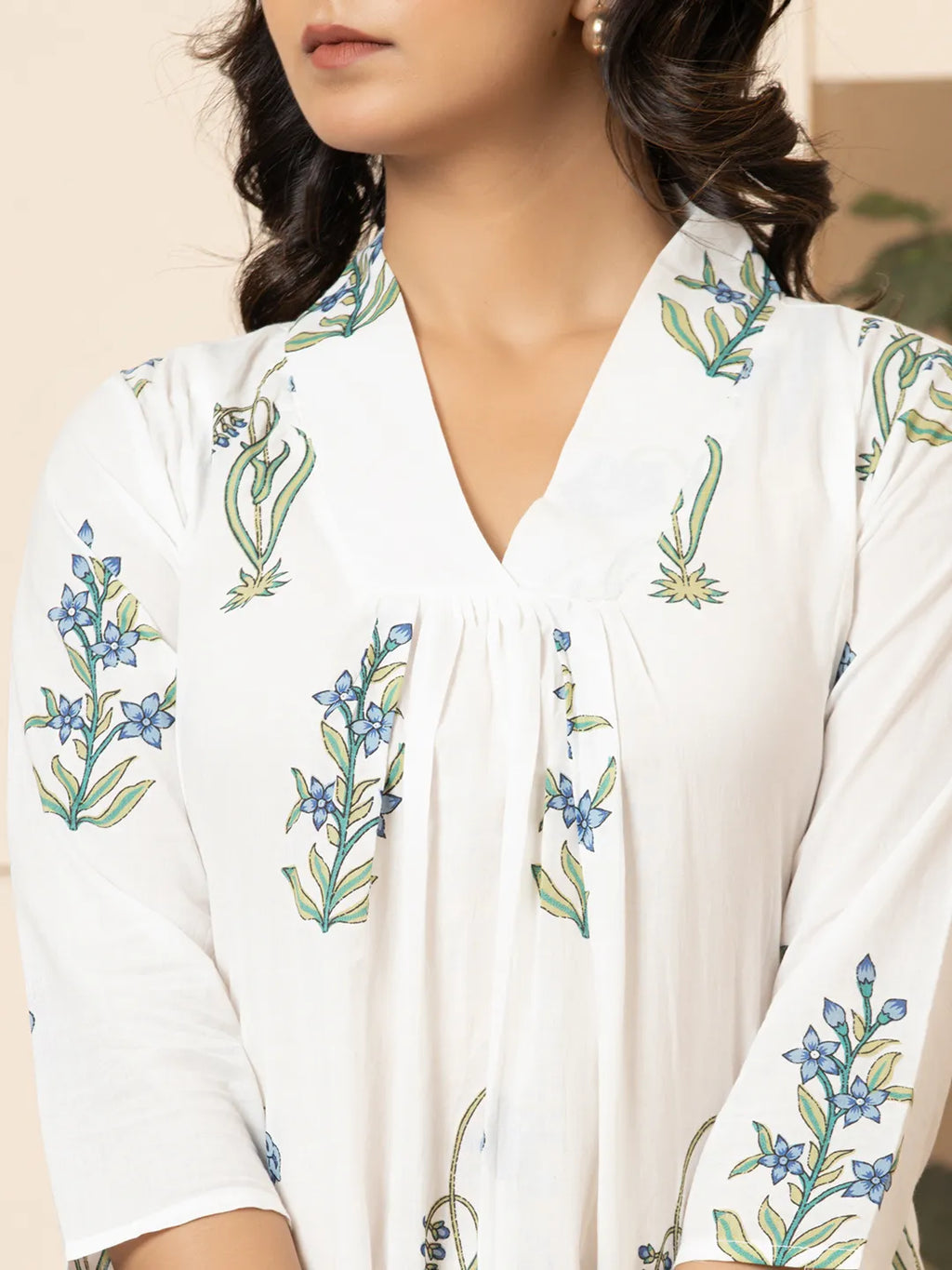 Yufta Blue & White Cotton Floral Print Aline Kurta | Grocsy