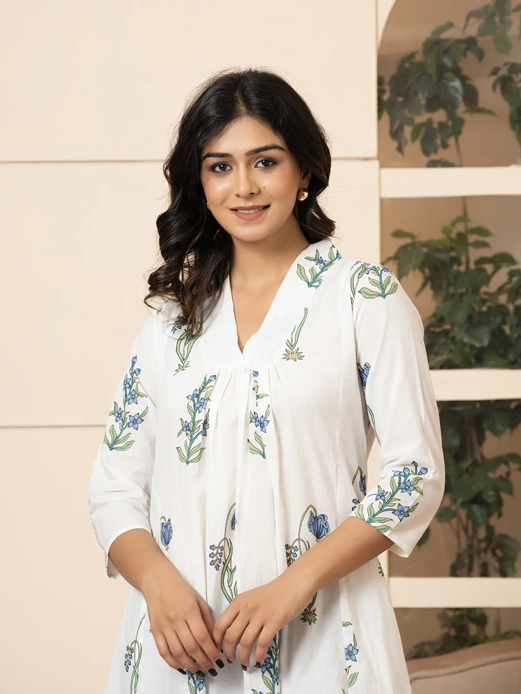 Yufta Blue & White Cotton Floral Print Aline Kurta | Grocsy
