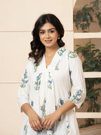 Yufta Blue & White Cotton Floral Print Aline Kurta | Grocsy