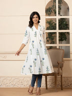 Yufta Blue & White Cotton Floral Print Aline Kurta | Grocsy